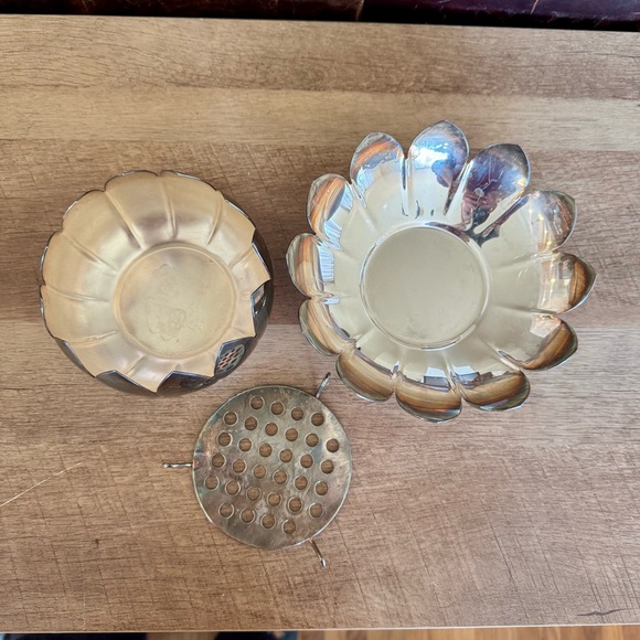 Vintage Reed & Barton silver-plated lotus flower frog Tarnished 3 Piece Set - Picture 6 of 12